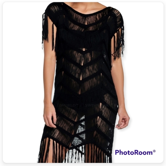 PILYQ MIDNIGHT Crochet Fringe Swimsuit Cover Up Black  Dress - Picture 3 of 12